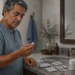 Hombre observa una tableta frente al lavabo, junto a varios blísteres de medicamentos, un frasco blanco y un vaso de agua.