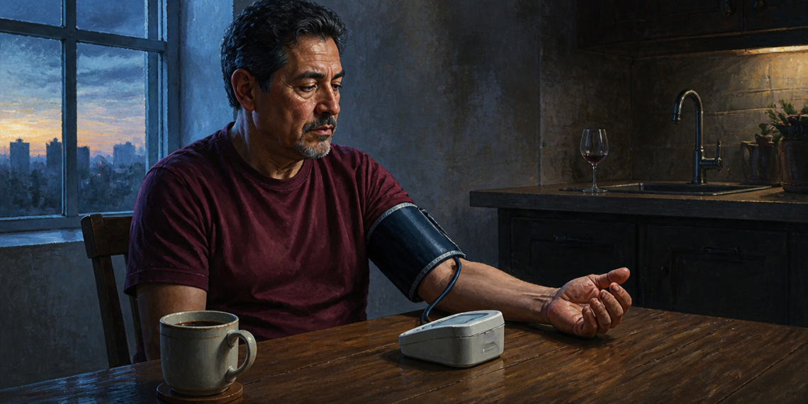 Hombre mide su presión arterial con un tensiómetro automático en una cocina al amanecer, con una taza de café y una copa de vino al fondo.