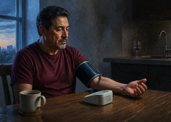Hombre mide su presión arterial con un tensiómetro automático en una cocina al amanecer, con una taza de café y una copa de vino al fondo.