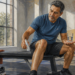 Hombre adulto sentado en un banco de gimnasio sostiene un frasco pulverizador y un vaso de agua después de hacer ejercicio.