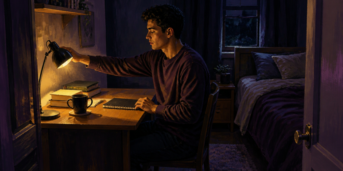 Joven estudia de noche en un escritorio junto a una cama mientras ajusta una lámpara, con libros, cuaderno y una taza frente a él.