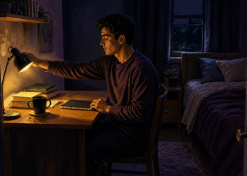 Joven estudia de noche en un escritorio junto a una cama mientras ajusta una lámpara, con libros, cuaderno y una taza frente a él.