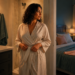 Mujer con bata permanece junto al baño antes de dormir, con un dormitorio iluminado tenuemente al fondo y ropa preparada sobre la cama.