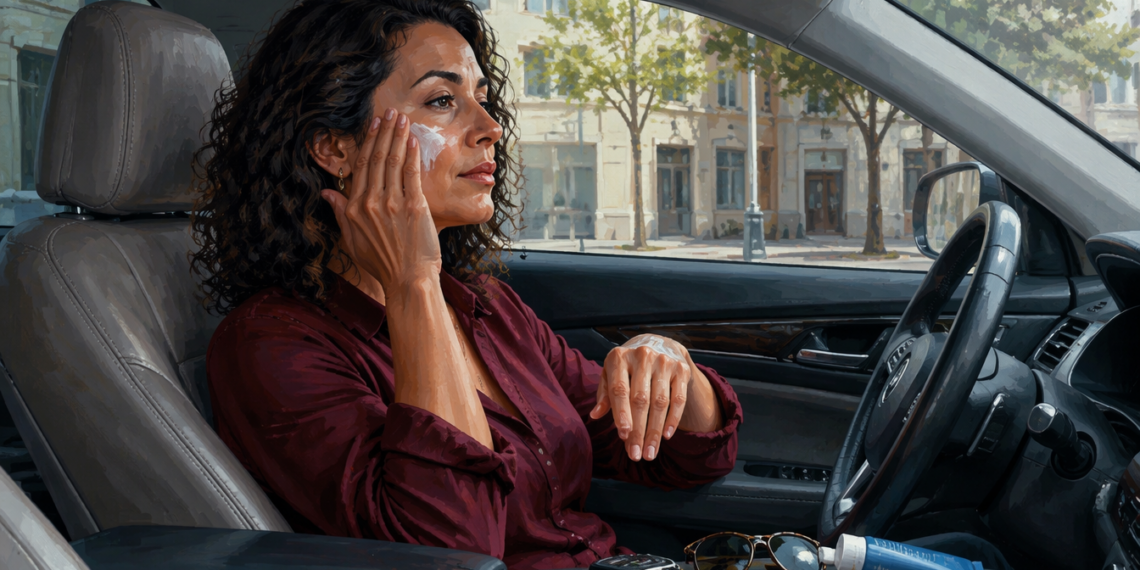 Mujer sentada en el interior de un automóvil aplica crema en el rostro mientras recibe luz solar a través de la ventanilla.