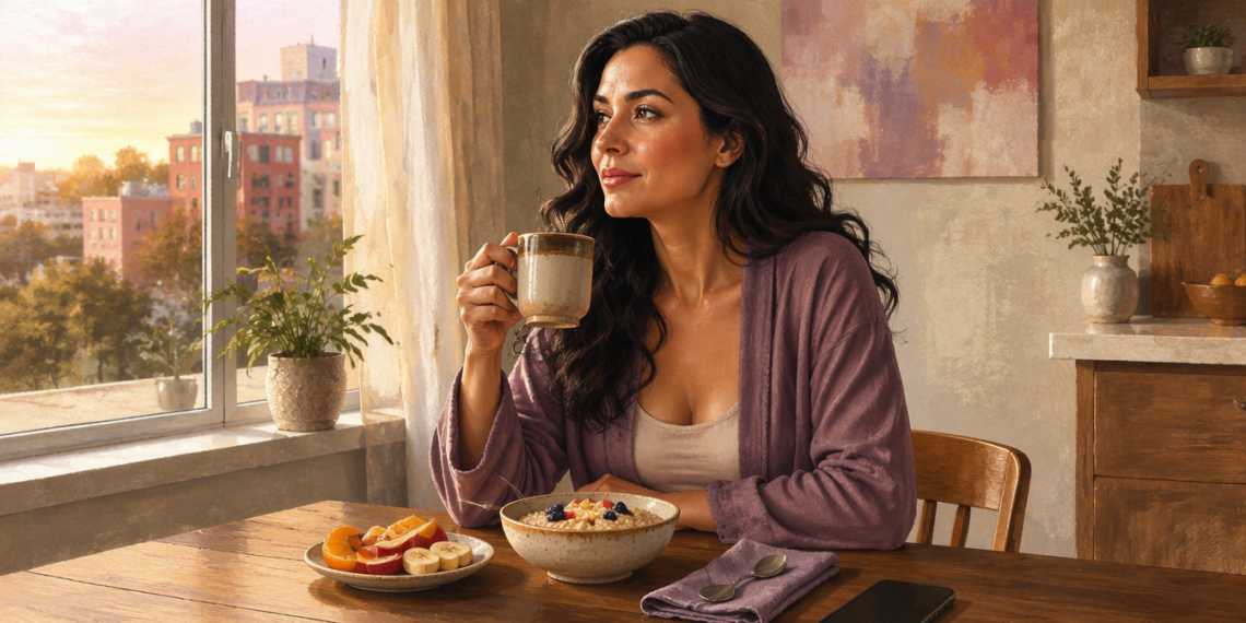 Mujer sentada a la mesa durante el desayuno, con una taza en la mano, un bol de avena con frutas, un plato de fruta cortada y un teléfono móvil junto a ella.