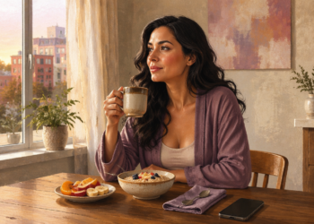 Mujer sentada a la mesa durante el desayuno, con una taza en la mano, un bol de avena con frutas, un plato de fruta cortada y un teléfono móvil junto a ella.