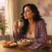 Mujer sentada a la mesa durante el desayuno, con una taza en la mano, un bol de avena con frutas, un plato de fruta cortada y un teléfono móvil junto a ella.