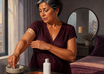 Mujer adulta aplica crema sobre el brazo junto a una ventana iluminada, con una botella cosmética y un cenicero con un cigarrillo sobre la mesa.