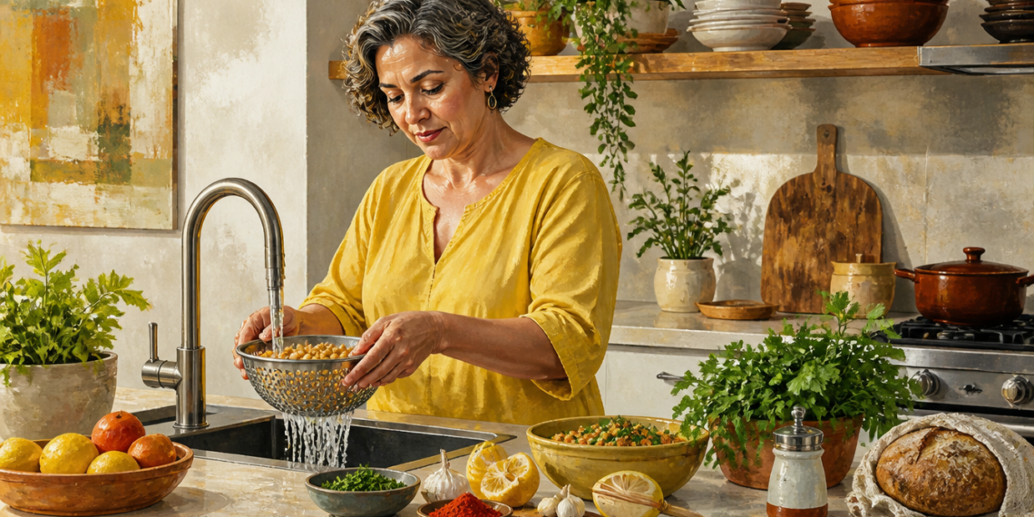 Mujer enjuaga garbanzos bajo el grifo mientras prepara una comida con limón, ajo, hierbas y especias en una cocina.