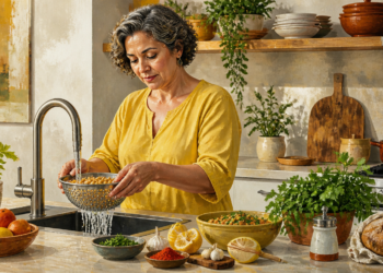 Mujer enjuaga garbanzos bajo el grifo mientras prepara una comida con limón, ajo, hierbas y especias en una cocina.