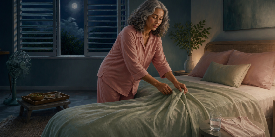 Mujer de mediana edad con pijama rosa arregla la cama en un dormitorio por la noche, con la ventana abierta, la luna visible y un ventilador cerca.