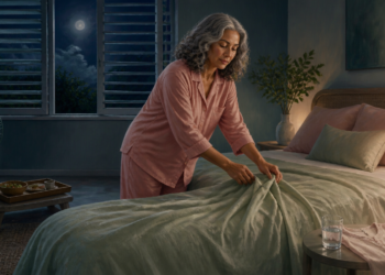 Mujer de mediana edad con pijama rosa arregla la cama en un dormitorio por la noche, con la ventana abierta, la luna visible y un ventilador cerca.