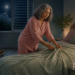 Mujer de mediana edad con pijama rosa arregla la cama en un dormitorio por la noche, con la ventana abierta, la luna visible y un ventilador cerca.