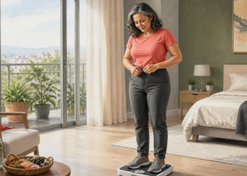 Mujer de mediana edad se pesa en una báscula digital mientras ajusta el pantalón en un dormitorio luminoso.