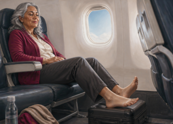 Mujer mayor sentada en un avión con las piernas extendidas y los pies apoyados sobre una maleta, mientras lleva medias de compresión.