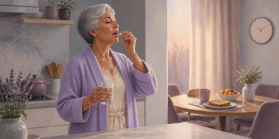 Mujer mayor toma un comprimido con un vaso de agua antes del desayuno mientras un reloj marca la hora en una cocina luminosa.