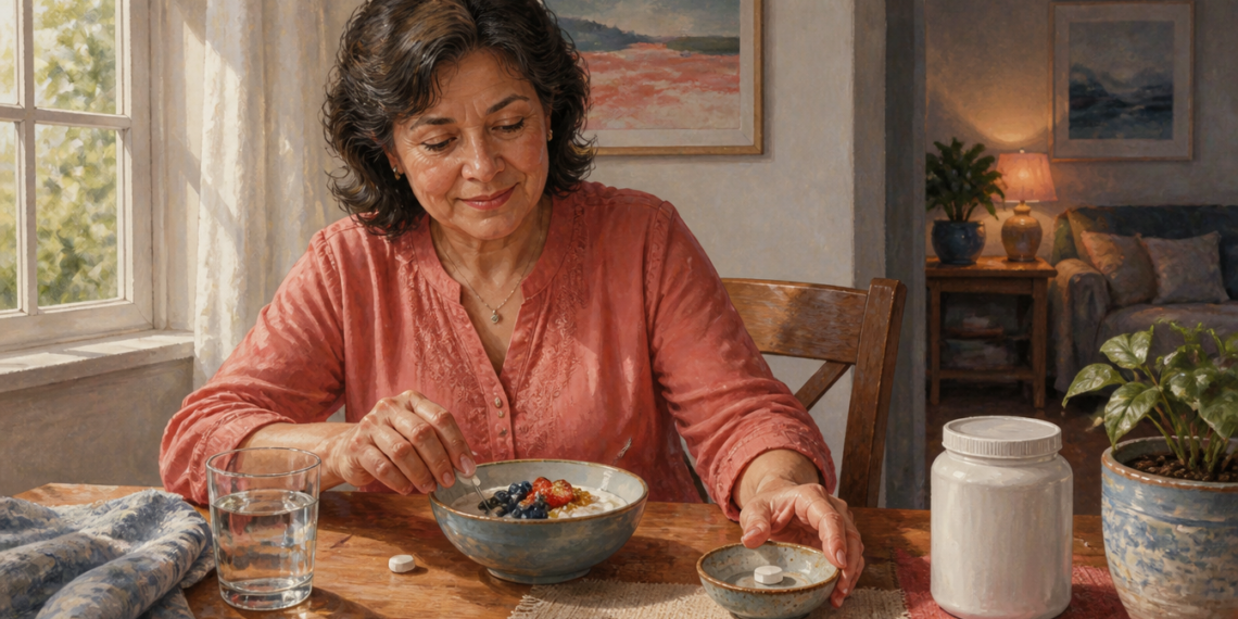 Mujer sentada a la mesa junto a un cuenco con yogur y frutos rojos, un vaso de agua, varias tabletas y un frasco blanco.