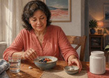 Mujer sentada a la mesa junto a un cuenco con yogur y frutos rojos, un vaso de agua, varias tabletas y un frasco blanco.