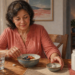 Mujer sentada a la mesa junto a un cuenco con yogur y frutos rojos, un vaso de agua, varias tabletas y un frasco blanco.
