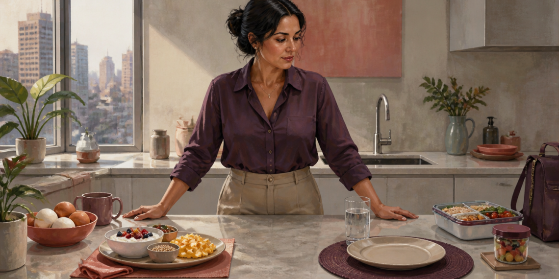 Mujer de pie en una cocina observa dos opciones sobre la encimera: un desayuno preparado y un plato vacío junto a una comida en recipiente.