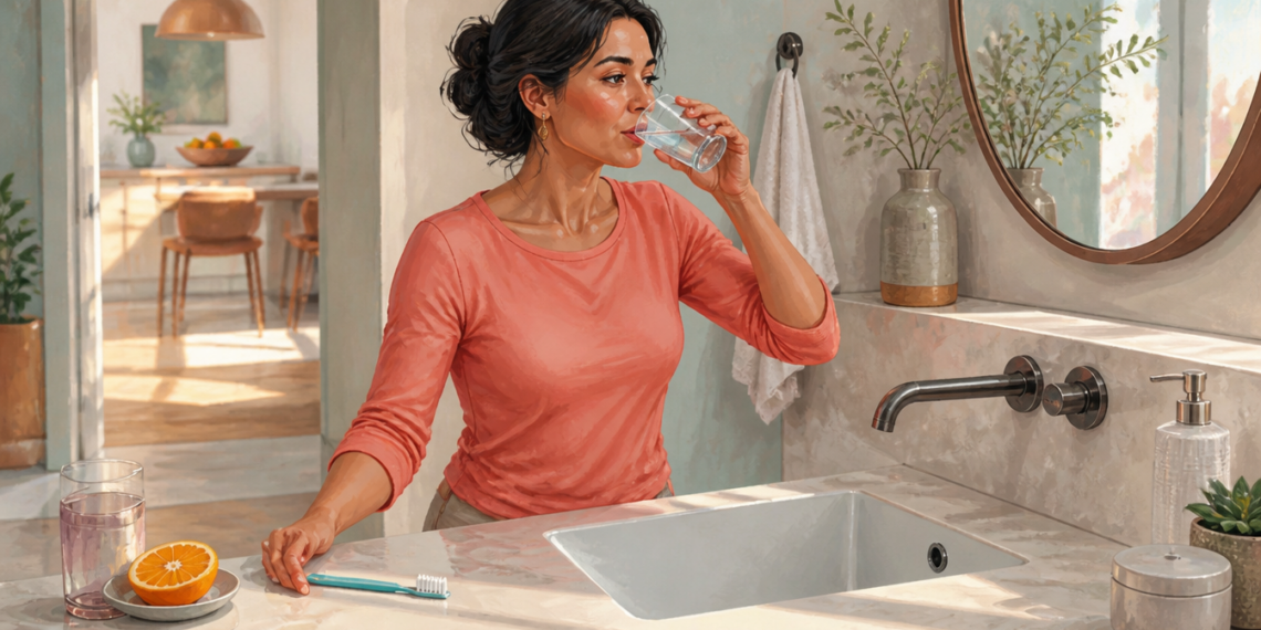 Mujer adulta bebe un vaso de agua frente al lavabo, junto a un cepillo de dientes y media naranja sobre la encimera.