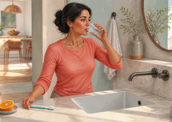 Mujer adulta bebe un vaso de agua frente al lavabo, junto a un cepillo de dientes y media naranja sobre la encimera.