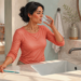 Mujer adulta bebe un vaso de agua frente al lavabo, junto a un cepillo de dientes y media naranja sobre la encimera.