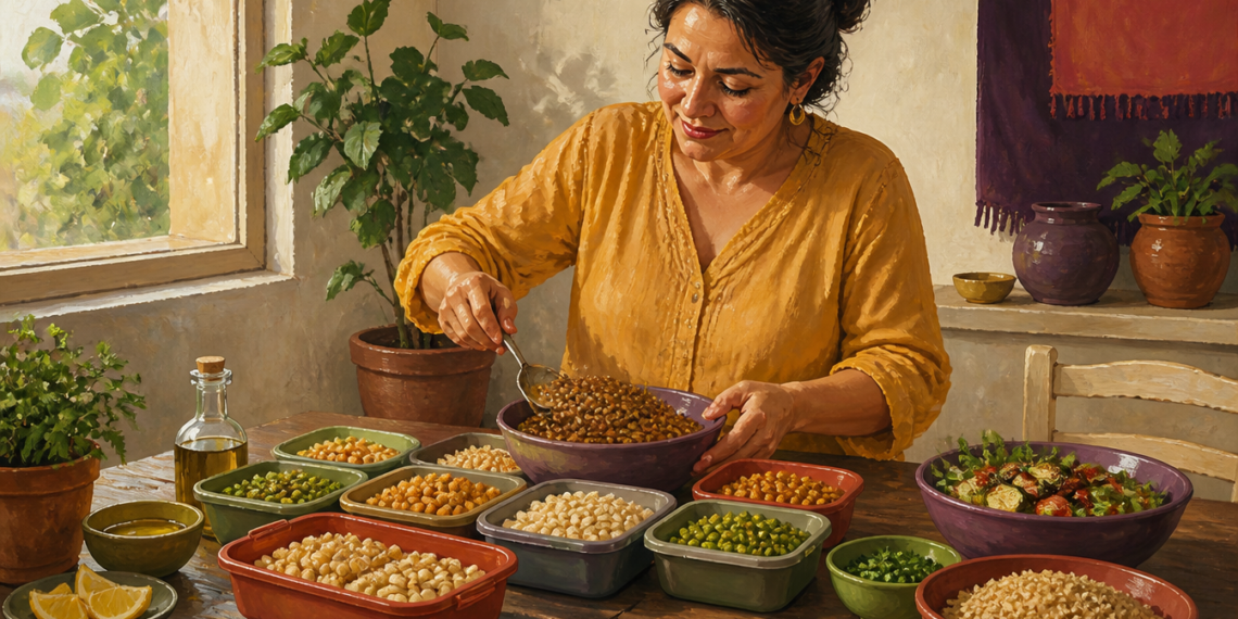 Mujer sirve lentejas cocidas en un recipiente rodeado de porciones de garbanzos, guisantes, arroz, verduras y otros alimentos preparados.