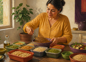 Mujer sirve lentejas cocidas en un recipiente rodeado de porciones de garbanzos, guisantes, arroz, verduras y otros alimentos preparados.