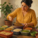 Mujer sirve lentejas cocidas en un recipiente rodeado de porciones de garbanzos, guisantes, arroz, verduras y otros alimentos preparados.