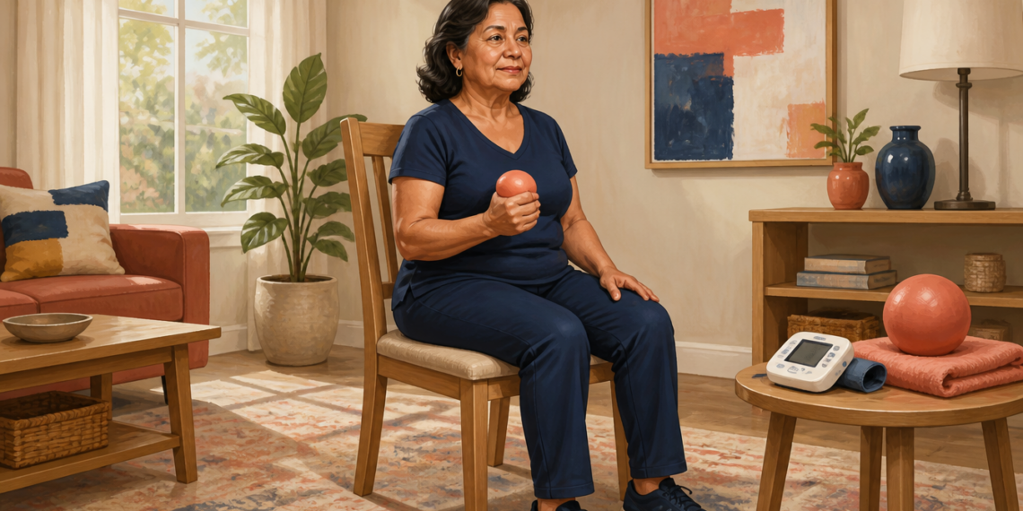 Mujer mayor sentada en una silla en casa realiza un ejercicio con una pelota en la mano, con un tensiómetro y material de ejercicio sobre una mesa cercana.