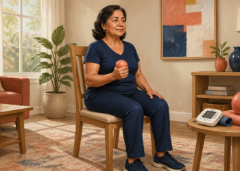 Mujer mayor sentada en una silla en casa realiza un ejercicio con una pelota en la mano, con un tensiómetro y material de ejercicio sobre una mesa cercana.