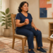 Mujer mayor sentada en una silla en casa realiza un ejercicio con una pelota en la mano, con un tensiómetro y material de ejercicio sobre una mesa cercana.