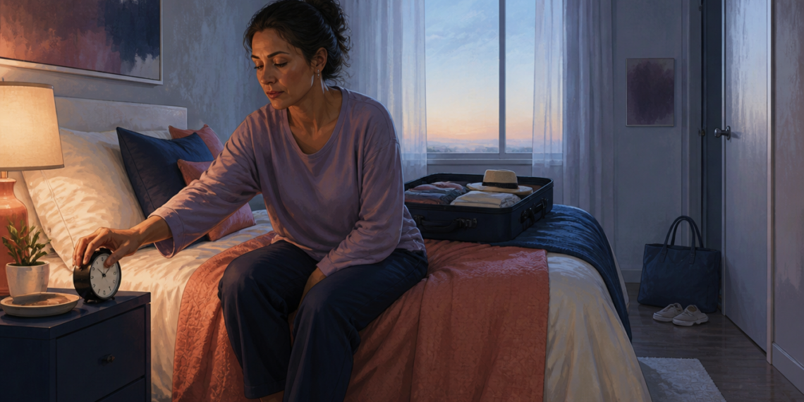 Mujer sentada en el borde de la cama ajusta un despertador al amanecer, con una maleta abierta y ropa preparada para retomar la rutina.