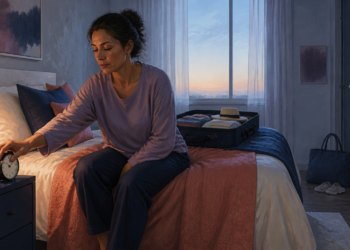 Mujer sentada en el borde de la cama ajusta un despertador al amanecer, con una maleta abierta y ropa preparada para retomar la rutina.
