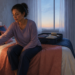 Mujer sentada en el borde de la cama ajusta un despertador al amanecer, con una maleta abierta y ropa preparada para retomar la rutina.