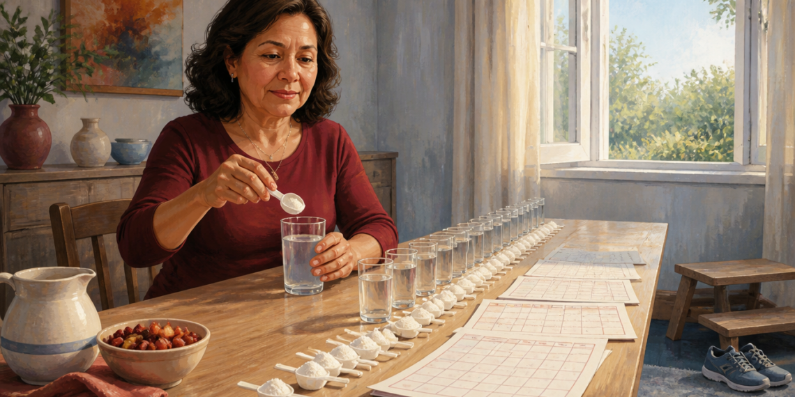 Mujer sentada ante una mesa añade una porción de polvo a un vaso de agua, junto a una serie de vasos, cucharas medidoras y calendarios.