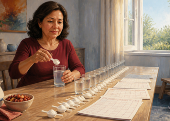 Mujer sentada ante una mesa añade una porción de polvo a un vaso de agua, junto a una serie de vasos, cucharas medidoras y calendarios.