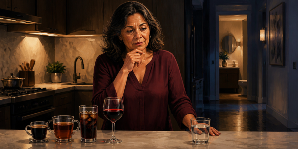 Mujer en una cocina de noche observa varias bebidas sobre la encimera, con un vaso de agua, café, té, refresco y vino, mientras al fondo se ve un baño iluminado.