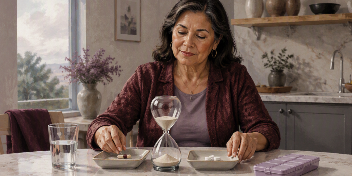 Mujer sentada en una cocina organiza cápsulas y comprimidos en dos platos separados, junto a un reloj de arena, un vaso de agua y un pastillero.