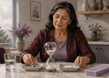 Mujer sentada en una cocina organiza cápsulas y comprimidos en dos platos separados, junto a un reloj de arena, un vaso de agua y un pastillero.