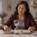 Mujer sentada en una cocina organiza cápsulas y comprimidos en dos platos separados, junto a un reloj de arena, un vaso de agua y un pastillero.