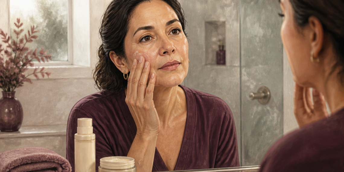 Mujer adulta observa su rostro en el espejo del baño mientras toca la piel de una mejilla, junto a productos de cuidado facial y toallas.