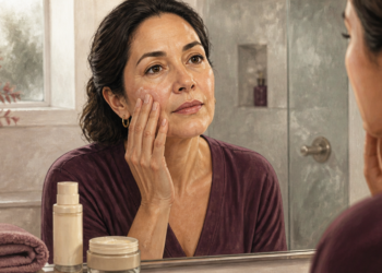 Mujer adulta observa su rostro en el espejo del baño mientras toca la piel de una mejilla, junto a productos de cuidado facial y toallas.