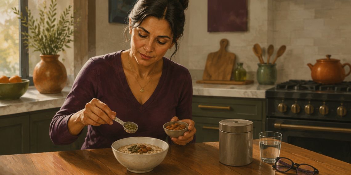 Mujer añade semillas y almendras a un cuenco de avena en una cocina, junto a un vaso de agua y un recipiente metálico.