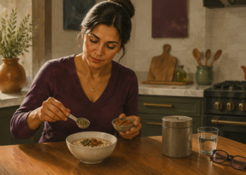 Mujer añade semillas y almendras a un cuenco de avena en una cocina, junto a un vaso de agua y un recipiente metálico.