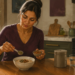 Mujer añade semillas y almendras a un cuenco de avena en una cocina, junto a un vaso de agua y un recipiente metálico.