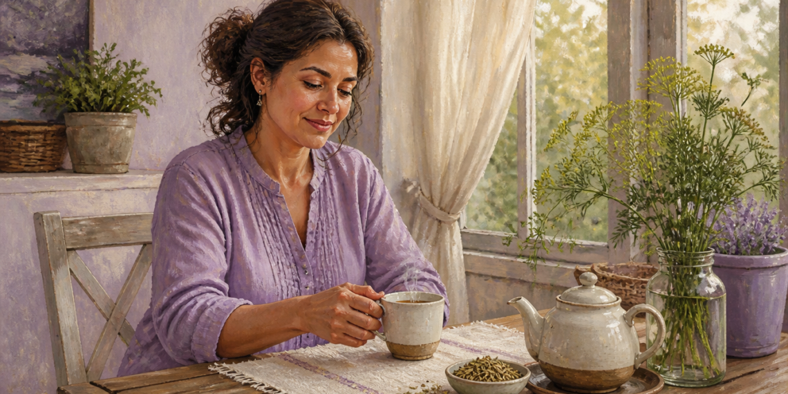 Mujer sentada junto a una ventana sostiene una taza de infusión, con una tetera y semillas de hinojo sobre una mesa de madera en un ambiente luminoso y tranquilo.