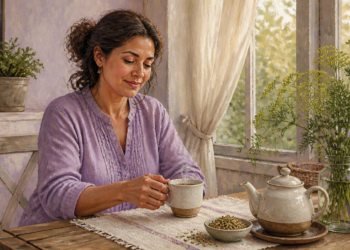 Mujer sentada junto a una ventana sostiene una taza de infusión, con una tetera y semillas de hinojo sobre una mesa de madera en un ambiente luminoso y tranquilo.