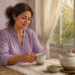 Mujer sentada junto a una ventana sostiene una taza de infusión, con una tetera y semillas de hinojo sobre una mesa de madera en un ambiente luminoso y tranquilo.